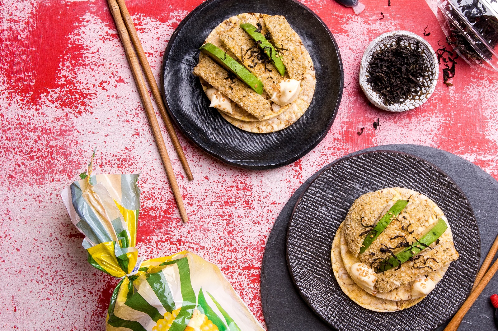 Lunch Recipe of CORN THINS slices with Chicken Schnitzel, Avo, Kewpie Mayo & Seaweed Flakes