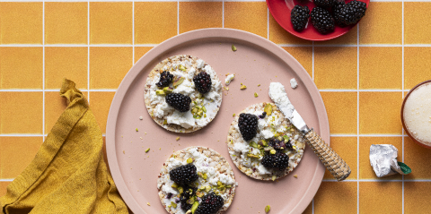 Goats Cheese, Blackberry, Pistachio on Corn Thins slices