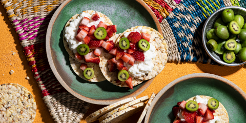 Cottage cheese, strawberry & Kiwiberry on Corn Thins slices